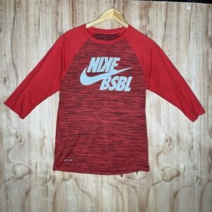 Nike Velocity Legend Baseball Shirt Mens Small Red 3/4 Sleeve Dri-Fit‎ Gym